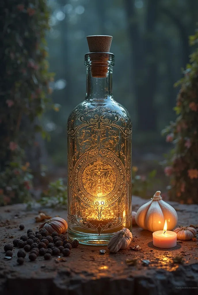 Create an image where a witch bottle appears in the middle with the word witch bottle against the evil eye. And around it black pepper,  a clove of garlic , Vinegar and ruda. 

