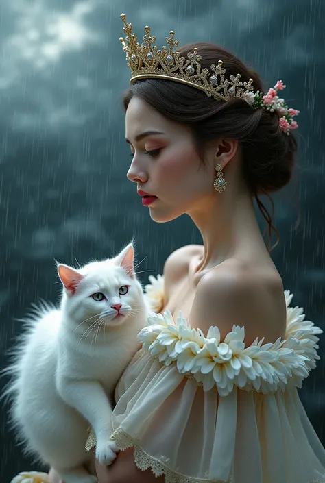 A princess (side view) and a white cat with long hair blowing in the wind along with rain clouds.