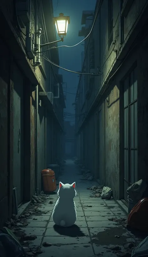 Anime-Style, A dark, gritty alleyway lit only by a flickering streetlamp. A small white cat, back side of view.