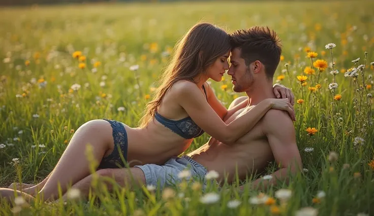 photorealistic intimate image of a green field, featuring a young man in shorts and a young sexy woman in erotic underwear, lying on the grass. a man hugs a woman's ass