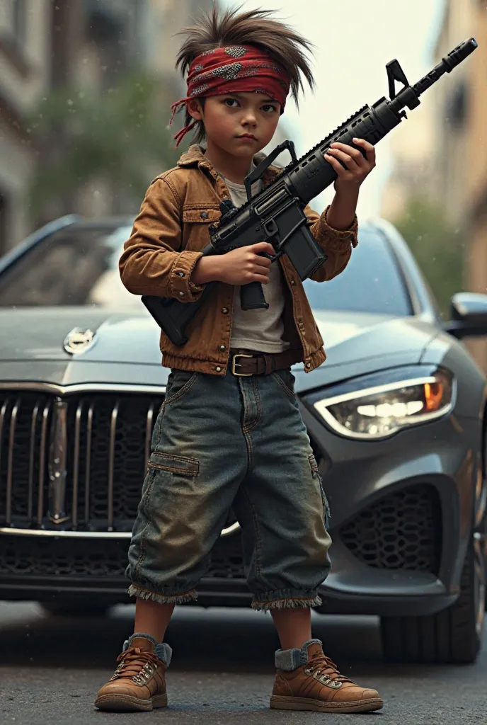 Gender a boy with a machine gun in his hand next to a luxury car while wearing a bandana 