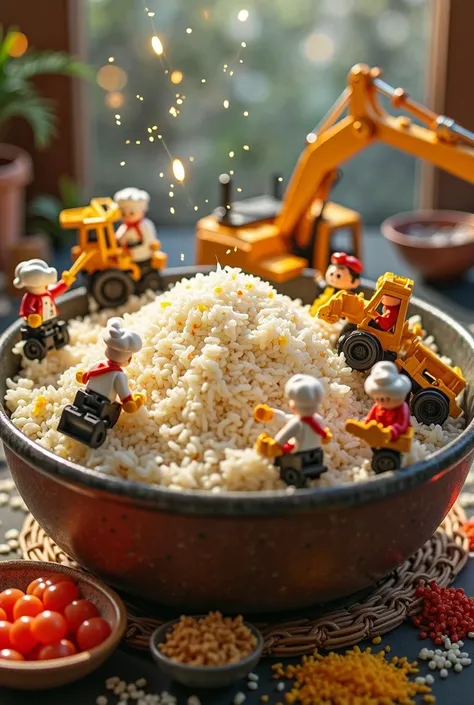 “A highly detailed and colorful scene featuring tiny chefs preparing a fluffy white rice pilaf inside a large craft bowl. The chefs use massive construction vehicles—cranes lifting ingredients, excavators scooping rice, and dump trucks pouring seasoning—to...