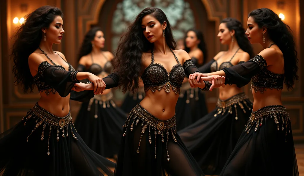 a group of turkish women doing belly dance wearing black sheer fancy belly dance costumes,,ultrarealistic 12k