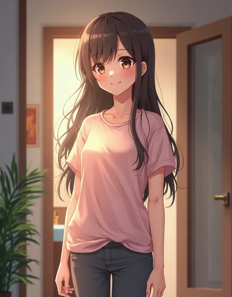 Young anime woman standing in a apartment, with long brunette hair and brown eyes, wearing light pink t-shirt with short sleeves and dark grey leggings, looking with smile