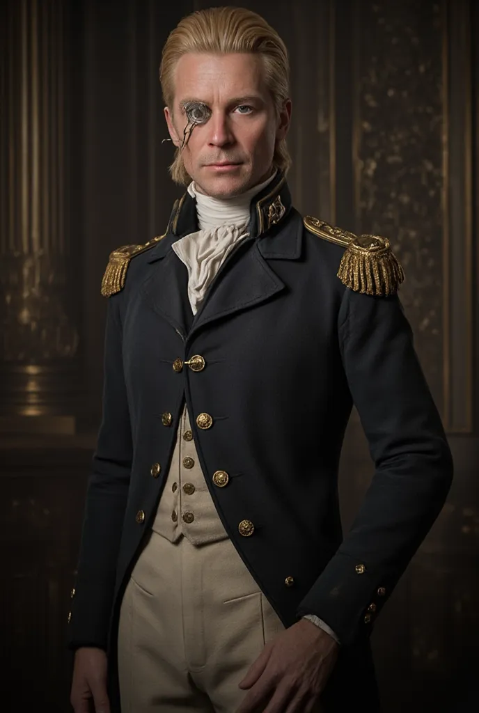 a tall man with carefully combed blonde hair, with a monocle with a uniform of an English naval officer from the 1700s
