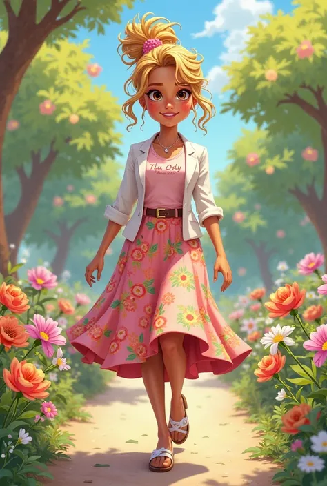 Create an adoodle art drawing of a smiling ren's teacher .  a caramel-colored woman  ,Curly blond hair tied hairstyle style ,She has a lock of pink hair, brown eyes,wearing a flowery long skirt ,a white blazer ,a light pink blouse with the writing "Tia Ody...