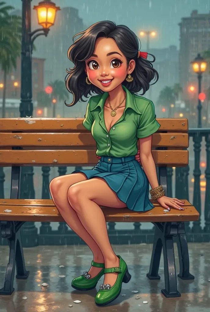 Tip: A very lovely  beautiful Asian American woman being happy alone on a bench in Downtown San Diego in the rain.. The illustration is a high definition illustration with 4k resolution., with highly detailed facial features and cartoon style visuals, gree...