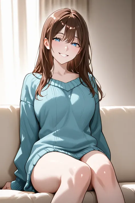 Caucasian girls,  thin, B cup breasts. blue eyes.  long wavy hair,  dark brown,  long open bangs . Just wear a blue sweater.  smiling. Sitting with her legs wide open .