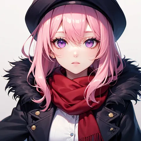 bust shot, portrait, female, pink hair, short-length hair, wavy hair, purple eyes, black overcoat, white sweater, navy blue hat, red scarf