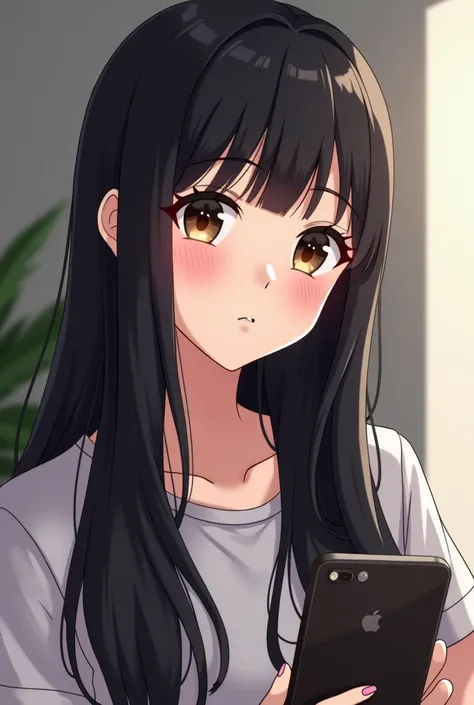 there is a woman taking a selfie with her cell phone, long hair with bangs, long hair with full bangs, with long hair, asian girl with long hair, 8k selfie photograph, the hime cut, she has black hair with bangs, neat hair with bangs, black hime cut hair, ...