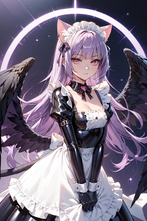 A evil Catgirl with pink eyes and long purple hair as a with black wings of a goddess and cat ears a cat tail wearing a black full body latex catsuit with a black and purple maid latex dress over it 