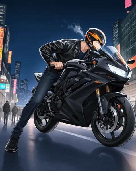 Boy riding a black sports bike、black jacket with jeans、Black shoes、Night Sky、Overlooking the night view、The breath turns white、Put on a full face helmet