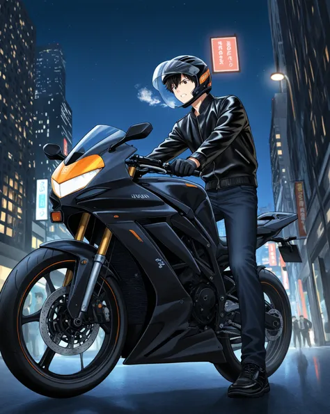 Boy riding a black sports bike、black jacket with jeans、Black shoes、Night Sky、Overlooking the night view、The breath turns white、Put on a full face helmet