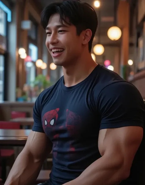 Handsome Korean man with big muscles wearing spiderman shirt sitting in night shop neon lights pub bar dim light laughing mouth wide cute 