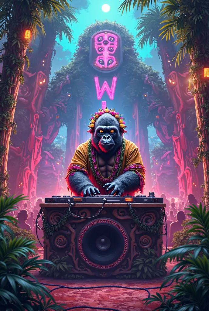 Make the stage for an Afrohouse music festival in the background where the logo is a gorilla and the festival is called Paw3r Fest with a jungle theme and that style and a gorilla DJ plays do