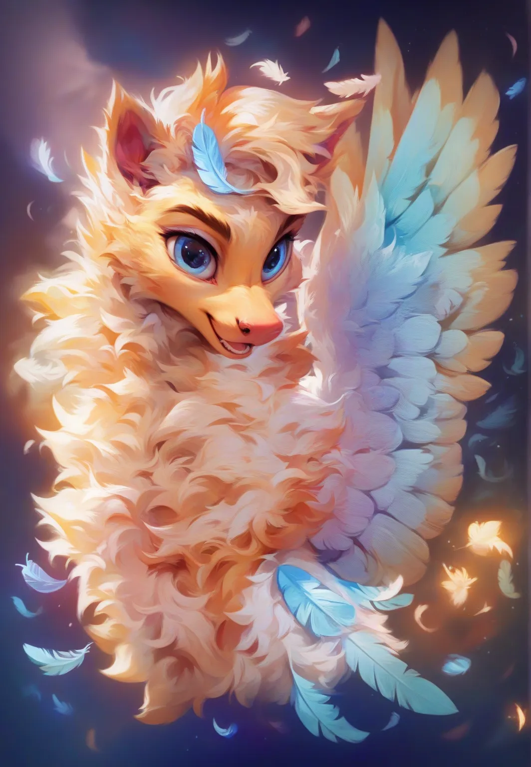 cat furry, source_furry, bust, score_9, zPDXL ,full body, feather wings, happy, shiny smooth skin, stand