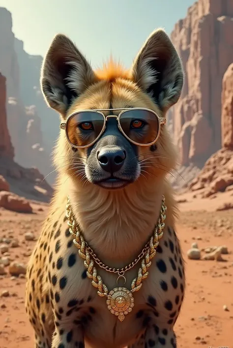 Create an image of a hyena wearing Oukley glasses and gold chain