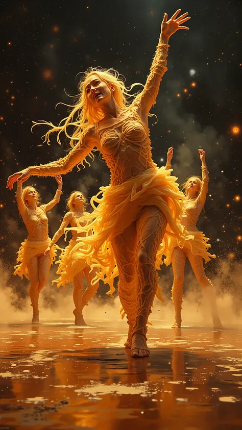 **Final Prompt (1198 chars):**  
"Dancers with humanoid silhouettes crafted entirely from animated pasta: rigatoni skeletons wrapped in lasagna ligaments, capellini veins pulsing with marinara. A lead figure arcs into a *spaghetti grand jeté*, limbs elonga...