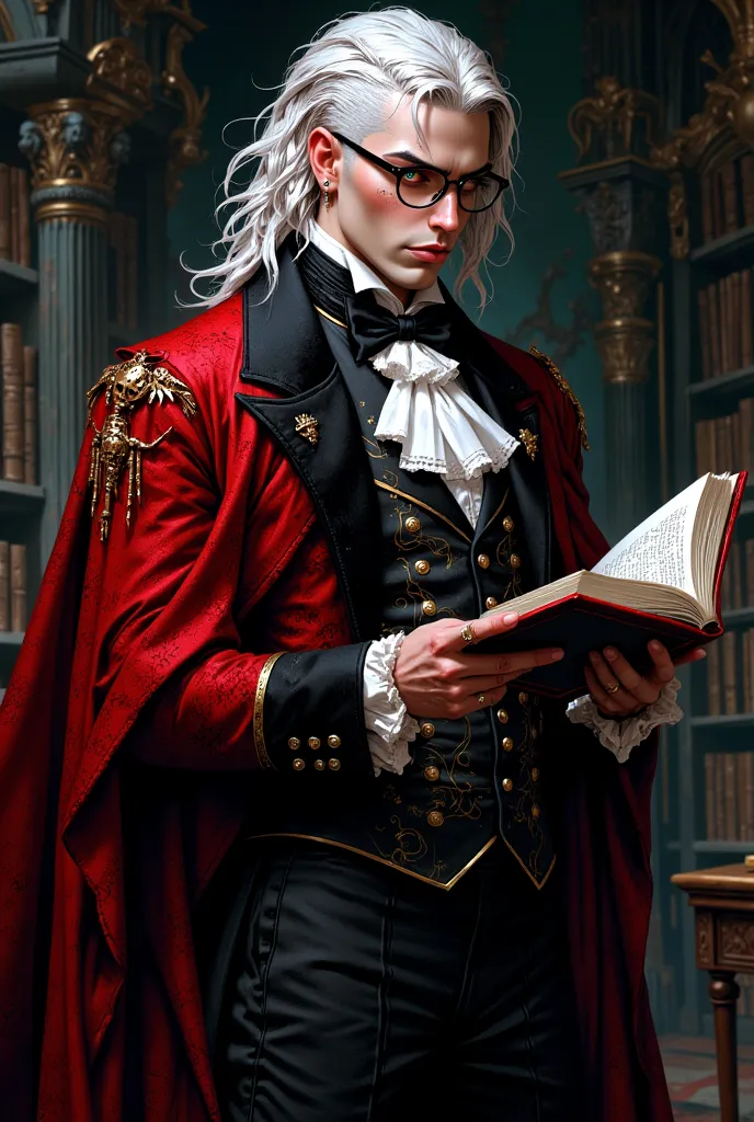  dhampir male with medium curly hair on top and shaved short on the sides and back. Hair as white as snow and pale skin. my rigt eye is ruby red and my left eye is a emerald green. short pointed ears. vampire fangs with vampire long nails but nor too long....