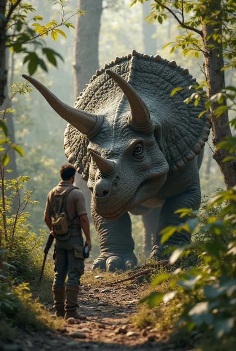  Encounter with a Triceratops
[POV of a prehistoric hunter hiding behind vegetation, watching an imposing Triceratops feed.] The wide leaves in front of it move away gently, revealing a gigantic Triceratops of thick, wrinkled leather, covered by scars from...