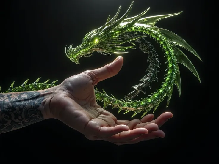 Left hand touches the dragon riddle, มือ Realistic,  Men's hands, Tattoos, Green Dragon,  Morning Sun, black background,  reflective , Shiny,  Realistic, Masterpiece, movies, Clear Details, 8K resolution.