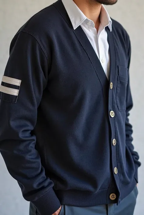 a navy blue student uniform, Open sweater with five buttons, two, about two horizontal lines on the left arm. the edges and the lines and the light lead-colored pocket. THE POCKETS AND THE EDGE OF THE BUTTONS UP TO THE NECK THAT IS LEAD 