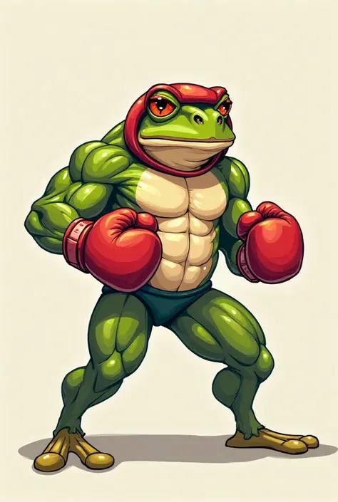 Muscular frog that is in a guard position and has gloves and a boxing head