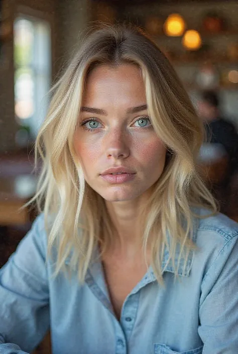 A 20-year-old woman loira europeia sitting with blonde hair and eyes blue photo in cafeteria Head. Please, blouse blue