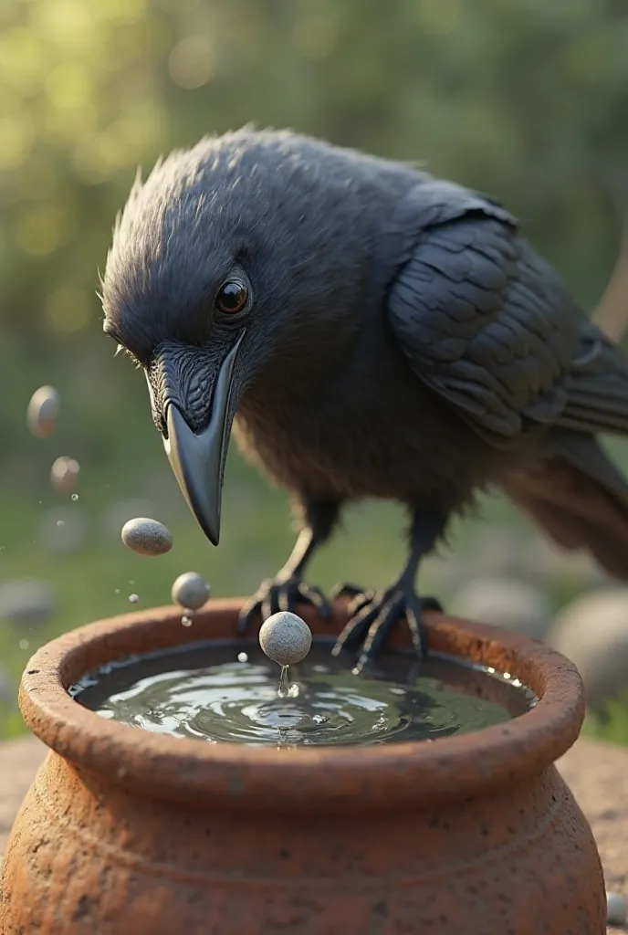 A Pixar-style 3D image of the crow picking up a small stone with its beak and dropping it into the pot. The water ripples slightly as the stone falls in. The crow’s wings are slightly raised, showing its determination. The scene captures movement, with a f...