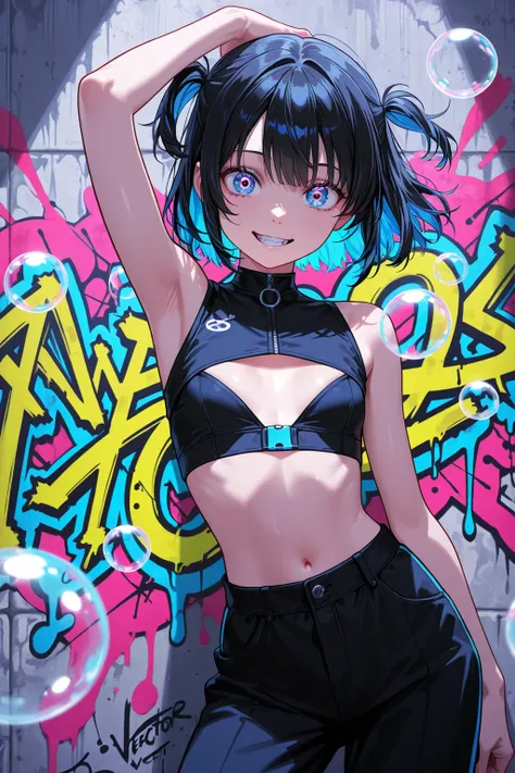 girl with Bubbles, bright colors, graffiti, Vector Illustration Style, Crazy details, Ultra HD picture quality, young appearance, dynamic pose, Open chest valley, Under the chest