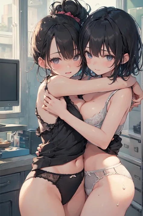 nsfw、high quality、最high quality、Limbs、 Ultra-fine、(((Two s are hugging)))、two delicate girls 、19 year old girl with big breasts from inside 、thin waist、((( cute underwear)))、 head to butt close-up  、close-up、 black hair、short hair、Wet and transparent  