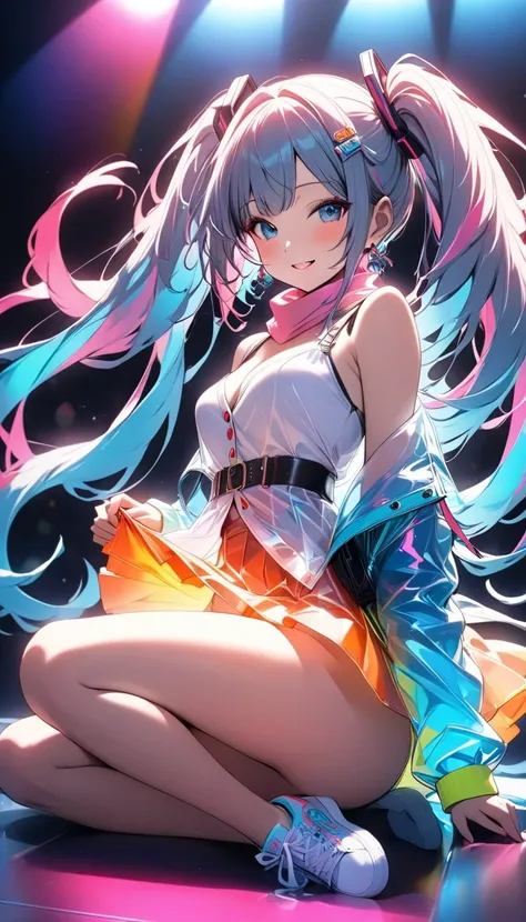 （ Hatsune Miku）（Height: 160cm、sexy body）(Tops (The jacket is based on white with blue and orange accents on the buttons and cuffs, giving a lively impression.) (Scarf (cute pink and white ribbon tie)) (Skirt (flare skirt with yellow and brown ruffles)) (Ba...