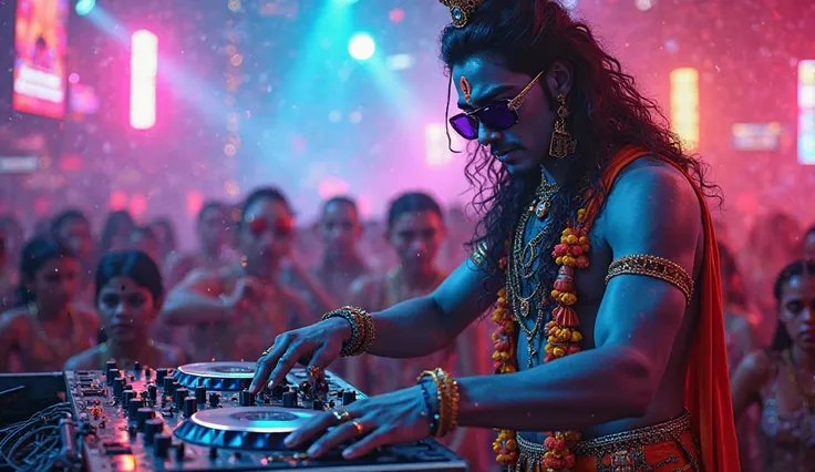 Create a haiper realistic image: create lord shiva wearing a black glass and funky dress playing with his dj gadget in a happu mood  in a club in neon light and  people are enjoying in his music