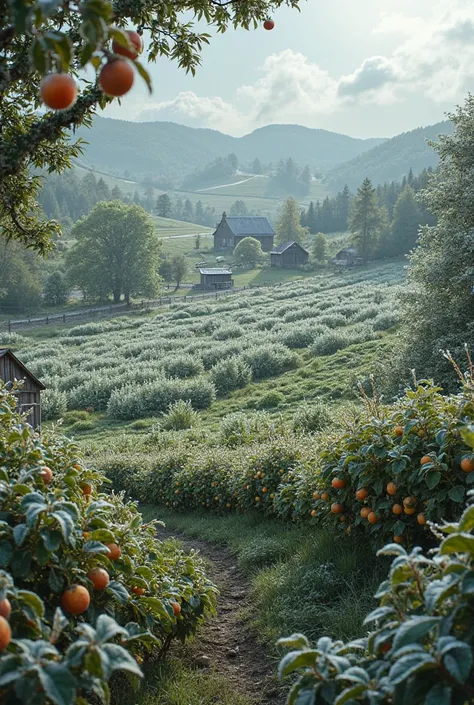 A professional photo of a large, spacious, fruitful and green farm
A frost wave hit this farm