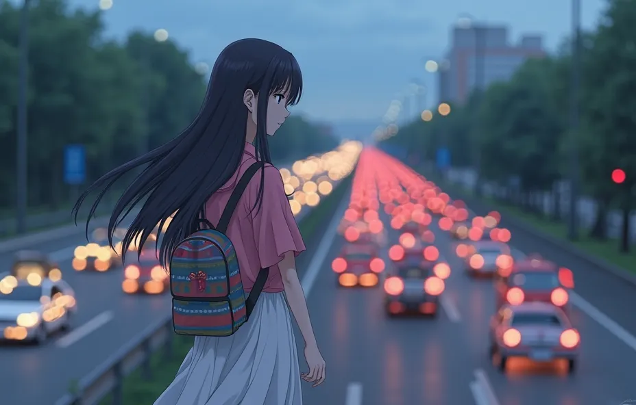 A young woman with long dark hair, wearing a pink blouse and a white skirt, with a colorful backpack, walks slowly along a busy street, The cars on the highway are a blur of moving lights, The trees and buildings in the background are slightly out of focus...