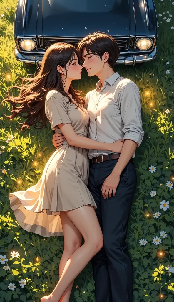 A young couple, Asian, lying on a grassy field, are in a romantic pose. The woman, with long, dark brown hair, is wearing a light beige flowing dress. The bright skin handsome man, with short dark hair, is wearing a light-colored button-down shirt and dark...