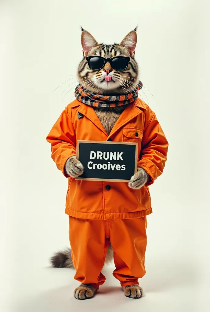 surrealism，Mugshot. Realistic texture ，The handsome cat is wearing an orange prison uniform，Fashion sense，pure white background，pure white background上左右两边身高数字刻度黑色直线连接，Disdainful expression， film photography ，Hard flash ， Ancient Vision ，Retro feel，Dream Co...