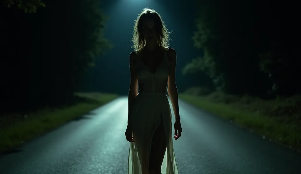 A deserted road at night, lit only by the headlights of a parked car in the distance. In the shadows, a captivating woman stands in the middle of the road. She wears a long, flowing dress with a deep slit, revealing her long, slender legs. The fabric is sl...