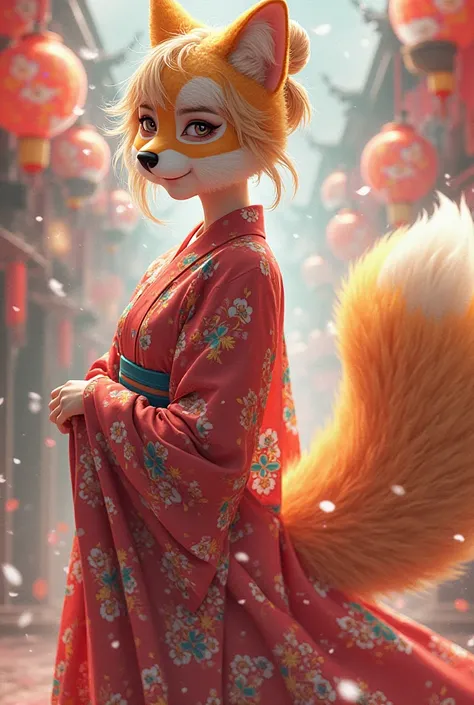 Une héroïne claire et festive avec des oreilles de renard, belle, Des cheveux en chignon et un masque de chat japonais où l'on voit sa bouche, fdebout avec une queue bien touffu derrière