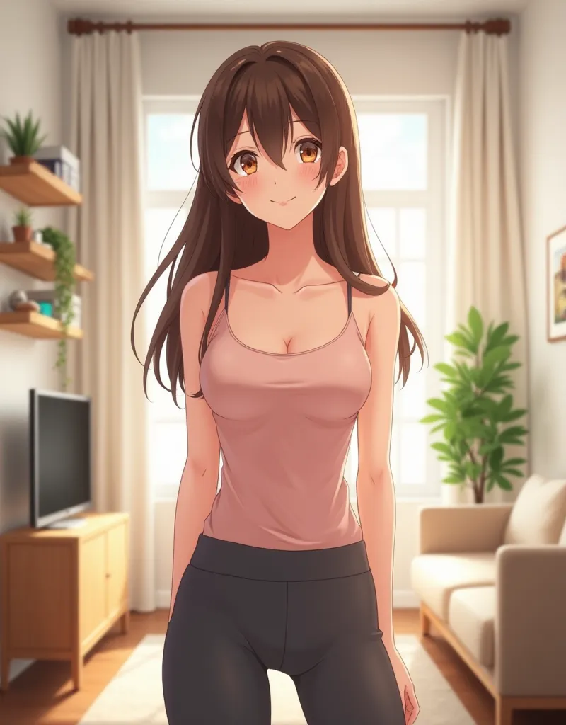 Young anime woman standing in a apartment, with long brunette hair and brown eyes, wearing light pink tank top with thin straps and dark grey yoga pants, looking with smile