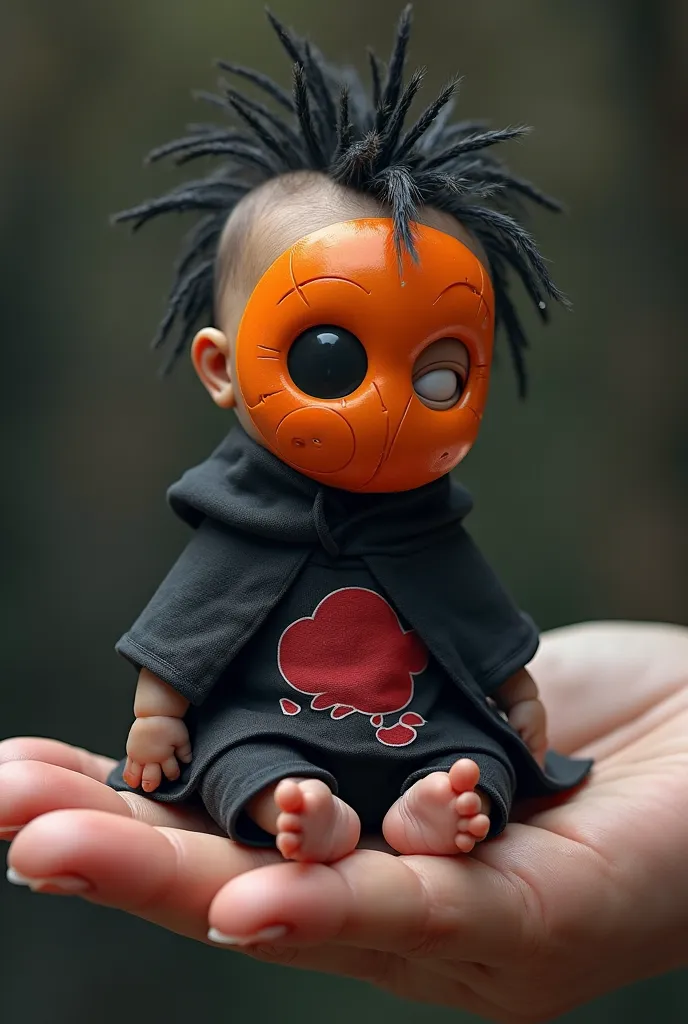 Create a miniature baby dressed as Tobi from Akatsuki, with a round orange plastic mask covering the entire face, with only one hole for the right eye, the hole for the left eye does not appear on the mask, spiky black hair, with a black cloak with a red c...