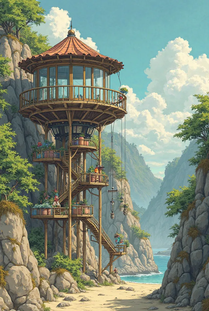 2D, hayao miyazaki.I want you to create a place in the style of drawing a city in asia. The houses that rise on the piles of upuzun above the dry soil are made of bamboo, and all have many balconies and terraces. Mobile stairs and suspended walkways are in...