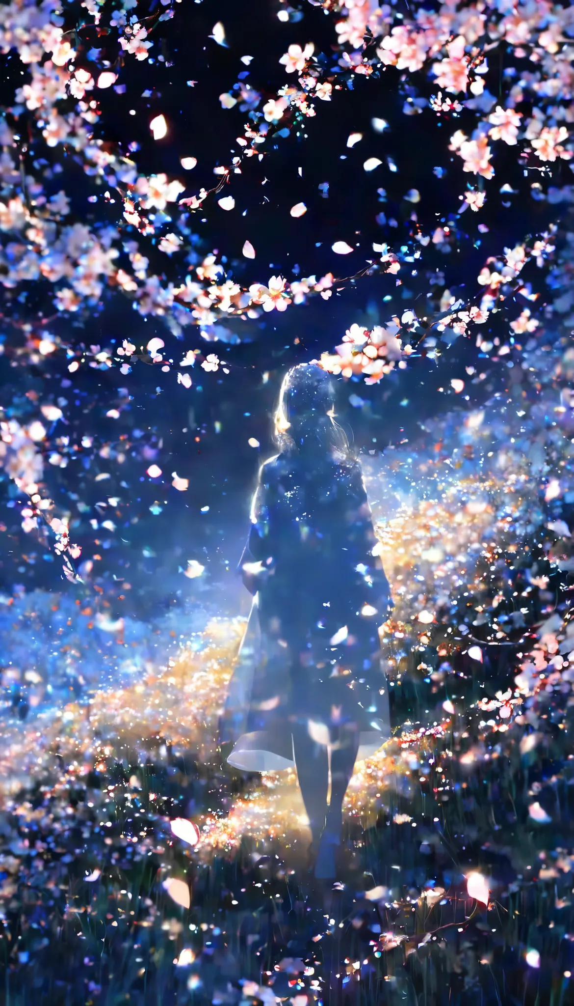 beautiful, Women Are Walking, Alone, Windless Prairie, night, 
 BREAK Multiple Exposures , Permeable Overlay, Cherry Blossom Petals Dancing in the Wind, 0__11Xx _illu, Detailed and Charming Cherry Blossoms, 
Let the wind blow in the windless scene, 