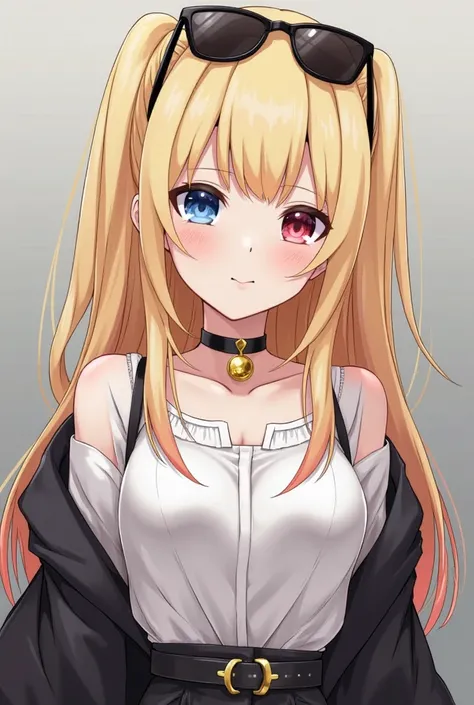 Make a anime woman
Hair: Long blonde hair with subtle faded orange tips.
Skin: Porcelain complexion.
Eyes: Left eye indigo blue; right eye scarlet red.
Accessories: Black choker necklace paired with a gold necklace.
Outfit: White blouse complemented by a b...