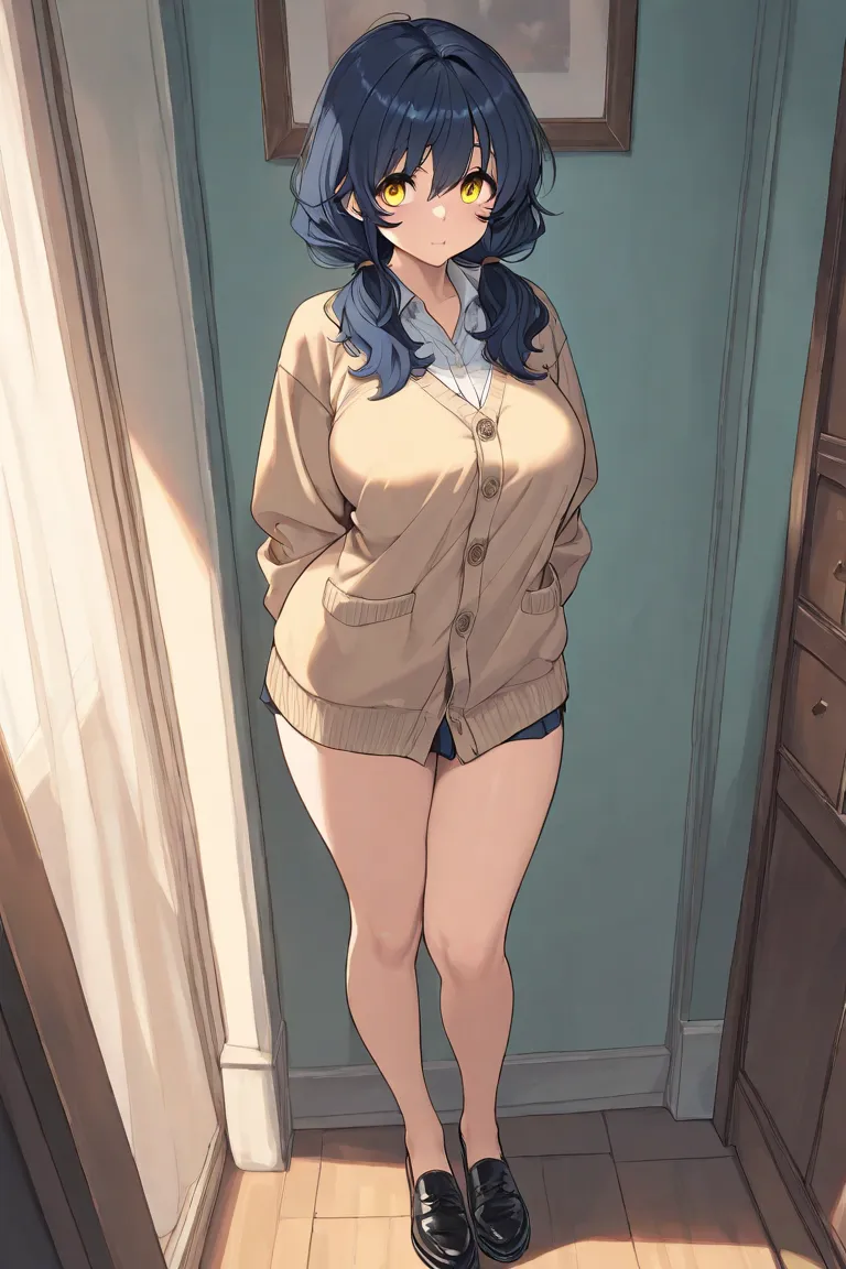 masterpiece, best quality, full body, narrow chin, anime colored, from front, slender body, one girl, smart face, solo, dark blue hair, low twintails, airy hair, curvy hair, voluminous hair,  yellow eyes, tareme, cardigan, leather flat shoes, in room, 