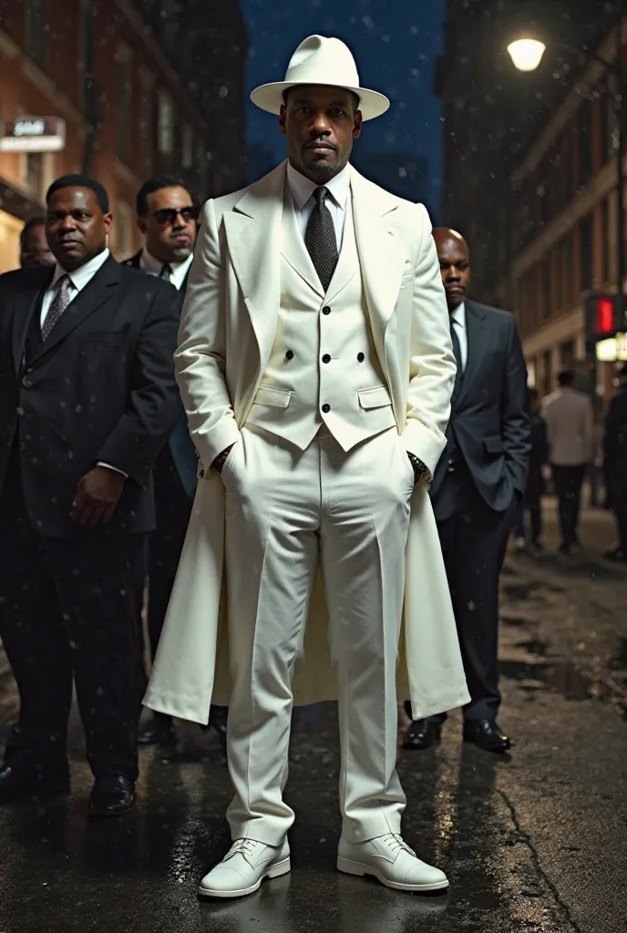 Denzel Washington, dressed as a powerful Mafia boss, stood under the dim streetlights of a cold New York night. His white fancy suit gleamed in the pale light, the shirt slightly open at the collar, revealing a glimpse of his sharp, confident demeanor. The...