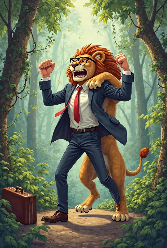 accounting professional winning a fight against a Lion in the jungle in a funny cartoon format