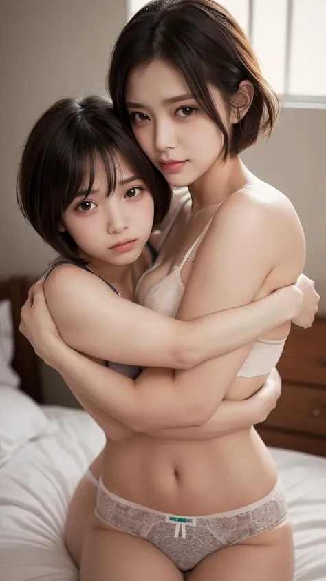  very beautiful ,duo, hug each other, (とてもcute顔:1.9), ( sad expression:1.9), (sexy body,  beautiful body:1.2),( and stare at each other,  kind eyes :1.3), (超High Resolution;1.9) ,(Very Beautiful Eyes,  Very beautiful skin ), { masterpiece}, {Highest qualit...