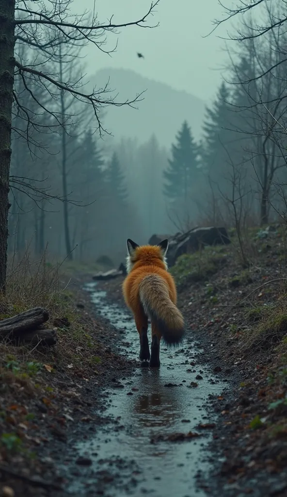 The red fox, head down and eyes filled with sadness, walks away from the wreckage of a collapsed den. The forest around it is dark, wet, and gloomy, the remnants of the storm still visible. The fox is determined, moving into the unknown, the sky clearing s...