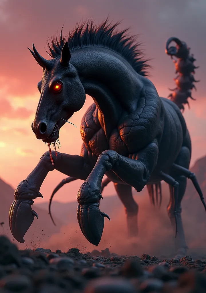 A hyperrealistic, cinematic close-up shot of a colossal, anthropomorphic hybrid monster, a furious fusion of horse and scorpion.  Its equine upper body, powerfully muscled and covered in dark, coarse, matted hair, dominates the frame, showcasing a rippling...